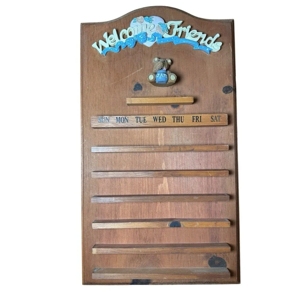 Wooden Perpetual Wall Calendar Cottagecore Folk Art Decor Bear Welcome Friends